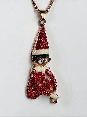 Betsey Johnson Gold-Tone Red Crystal Christmas Holiday Elf Pendant Necklace